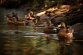 Flock Of Ducks Swimming In A Calm Stream. Generative AI