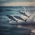 A flock of fish jumps out of the water over the surface of the sea, flying fish, close-up,