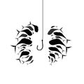 Flock of fish near the hook. Silhouette of schools of fish around the fish hook. Vector illustration of fishing.