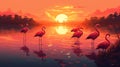 Flock of flamingos wading in shallow waters
