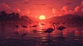 A flock of flamingos wading in shallow waters