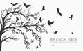 Flock of flying birds on tree branch