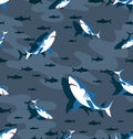 Flock of frolicking sharks and fish herds.
