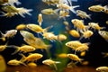 A flock of Goldfish swim in an aquarium