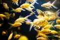 A flock of Goldfish swim in an aquarium