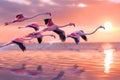 Graceful Flamingos Flying at Dawn over Sea. Generative AI Royalty Free Stock Photo