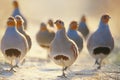 A flock of gray partridges in the backlight. Royalty Free Stock Photo