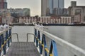 A flock of gulls on the rails of the pier on a cloudy day Royalty Free Stock Photo