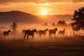 Flock of horses walking in fog at dawn. Generative AI Royalty Free Stock Photo