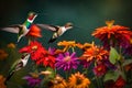 A flock of hummingbirds sipping nectar from a cluster of vividly colored flowers