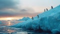 Flock of lovely Emperor penguins on floating on iceberg in cold Antarctic sea waters with picturesque sunset moody landscape