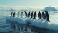 Flock of lovely penguins floating on small iceberg or ice floe in cold Antarctic sea waters with picturesque moody landscape