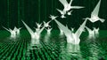 Origami Cranes Flock Above Binary Code Matrix River, Digital Serenity Royalty Free Stock Photo
