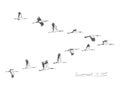 Flock of migrating storks flying. Migratory birds concept. Sketch style