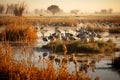 Flock of migratory birds resting in a protected wetland. Birds fly to warm countries. Animal migration