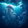 Flock of neon jellyfish in the underwater world