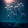 Flock of neon jellyfish in the underwater world