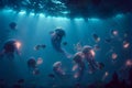 Flock of neon jellyfish in the underwater world