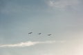 Flock of Pelicans flying in formation in bright blue sky Royalty Free Stock Photo