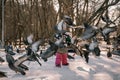 a flock of pigeons takes off over a little girl Royalty Free Stock Photo