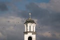 Flock of pigeons fly around church bell tower Royalty Free Stock Photo