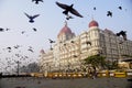 Flock of pigeons flying behind the hotel Taj Mumbai.