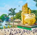 Pigeons at chinthe lion`s statue, Maha Wizaya Mahavijaya Pagoda, Yangon, Myanmar