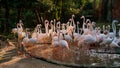 Flock of Pink Caribbean flamingos with white feathers gather in serene pond
