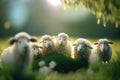 A Flock of Playful Fluffy Sheep Grazing on a Green Spring Meadow