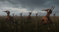 A flock of rusty metallic bird sculptures stands in a desolate grassy field Royalty Free Stock Photo