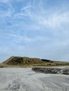 A flock of seagulls circles over a lonely stretch of beach