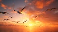 A flock of seagulls flying over the ocean at sunset, AI Royalty Free Stock Photo