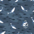 Flock sharks. Shark background . Vector background with a shark and anchor. Design for textiles