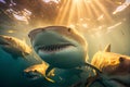 A flock of sharks take a selfie. AI Generated
