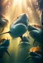 A flock of sharks take a selfie. AI Generated