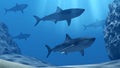 Flock of sharks underwater with sun rays and stones in deep blue sea Royalty Free Stock Photo