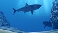 Flock of sharks underwater with sun rays and stones in deep blue sea