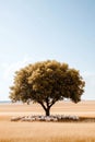 A flock of sheep enjoys a peaceful rest underneath a large tree, providing respite from the warmth. Expansive open Royalty Free Stock Photo