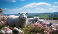 A flock of sheep grazes in the valley.