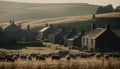 Flock of sheep grazing in meadow at sunset generated by AI Royalty Free Stock Photo