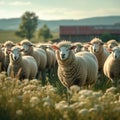 Flock of sheep, idyllic farm scene, peaceful grazing and serenity