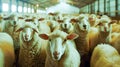 Flock of sheep inside a large modern barn equipped with advanced agriculture technology and automation for efficient farming and Royalty Free Stock Photo