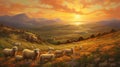 A flock of sheep in the meadow at sunset. AI generated. Royalty Free Stock Photo