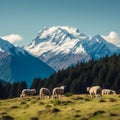 Flock of sheep peacefully grazing in a lush green meadow in the Southern New Zealand