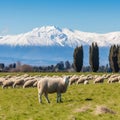 Flock of sheep peacefully grazing in a lush green meadow in the Southern New Zealand