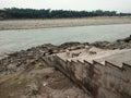 flock of sheep on the stairs leading to the Chenab river coast in Akhnoor