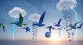 Origami Birds Fly Through Digital Storm with Lightning and Data Clouds Royalty Free Stock Photo