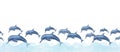 Flock of swimming dolphins in cartoon style with abstract waves. Seamless banner of jumping sea animals. Watercolor illustration