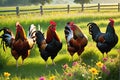 Flock of Vibrant-Colored Chickens Pecking at the Roadside: Reflective Morning Dew on Blades of Grass