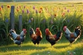 Flock of Vibrant-Colored Chickens Pecking at the Roadside: Reflective Morning Dew on Blades of Grass